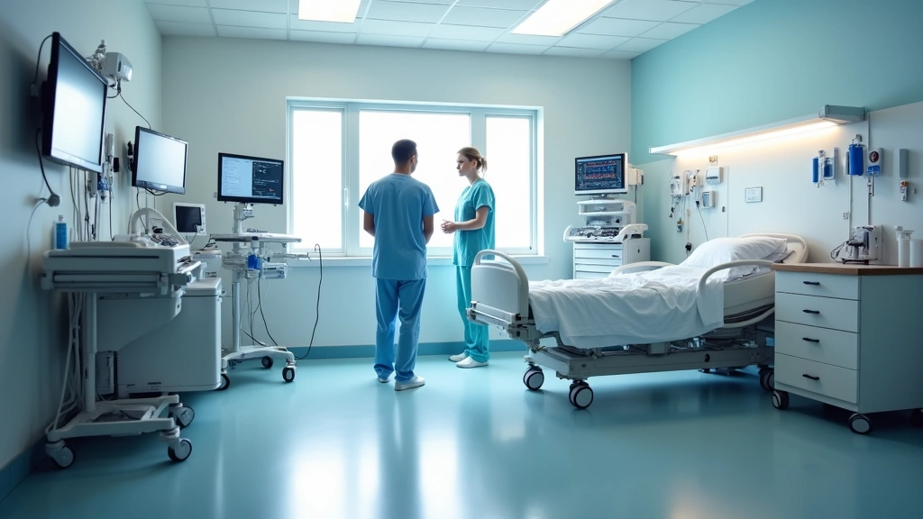 Modern hospital patient room with electronic monitors, medical equipment, and clean clinical environment showing contemporary healthcare facility setup where CNAs work daily