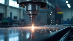 Modern five-axis CNC machine with precision spindle and automatic tool changer operating in clean industrial manufacturing facility, metal shavings visible, LED work lights illuminating machining process