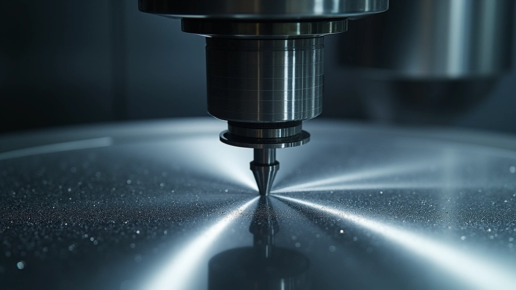 Close-up of precision machined aerospace component emerging from CNC machine spindle, showing exceptional surface finish and dimensional accuracy, with coolant misting visible around cutting area