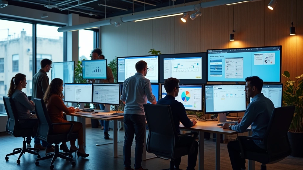 Modern cooperative workspace with diverse team members collaborating at standing desks with multiple monitors displaying project management dashboards and communication apps