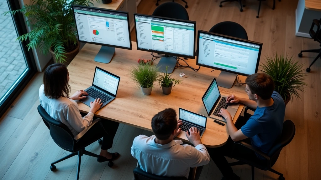 Overhead view of coworking space showing members using laptops and tablets with integrated booking system displayed on wall screens for resource allocation
