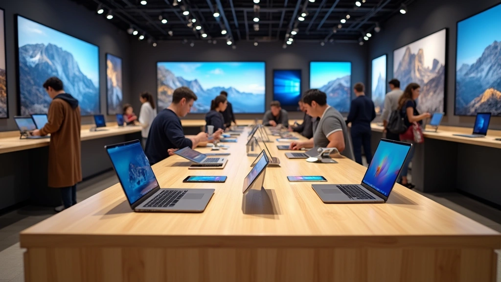 Modern retail electronics store interior with sleek wooden display tables showcasing laptops, smartphones, and tablets under professional LED lighting, customers browsing and testing devices