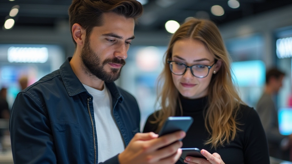 Close-up of expert staff member in retail environment demonstrating smartphone features to interested customer, both examining device screen in well-lit tech store setting