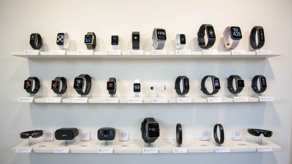 Organized wall display of various wearable technology devices including smartwatches, fitness trackers, and AR glasses on minimalist shelving with product information cards