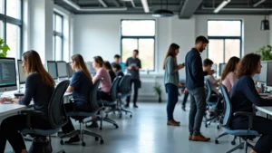 Modern technology workspace with diverse professionals collaborating at standing desks, colorful cables, monitors displaying code and design software, natural lighting, minimalist aesthetic, professional atmosphere