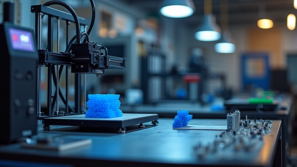 3D printer in operation printing blue plastic prototype, soldering station with electronics components, laser cutter cutting acrylic sheet, professional hardware lab equipment, overhead lighting, organized workbench