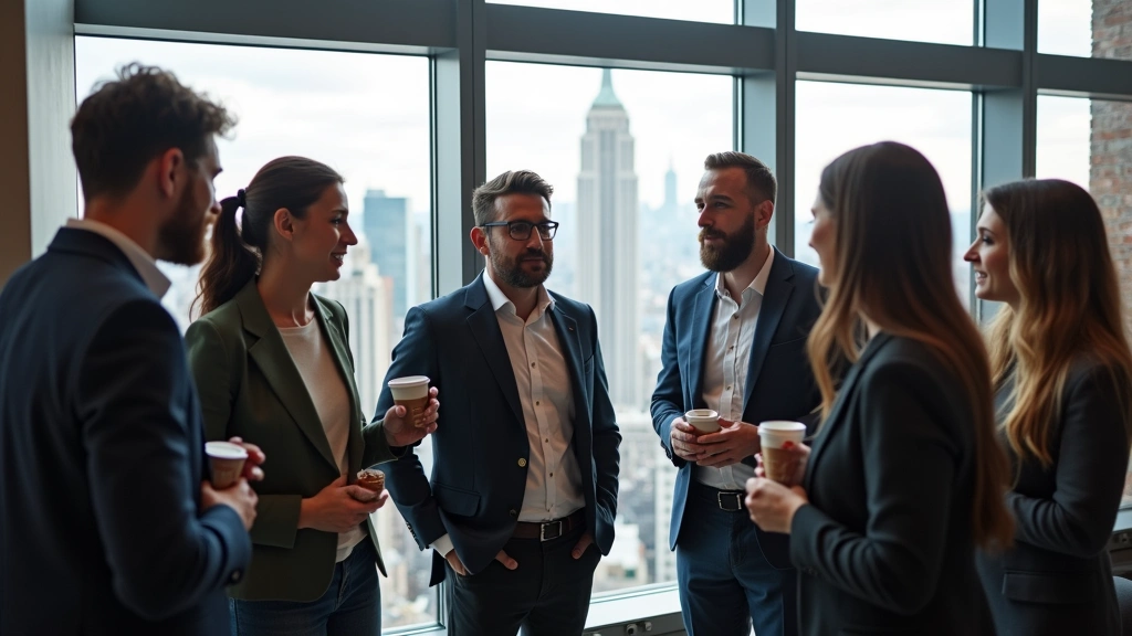 Group of tech entrepreneurs in casual business attire networking at modern event space, holding coffee cups, discussing ideas, floor-to-ceiling windows showing NYC skyline, collaborative energy, diverse participants