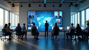 Modern open office with multiple professionals collaborating around a large interactive digital display showing real-time data visualizations and video conference participants on screen, natural lighting from windows, contemporary workspace design