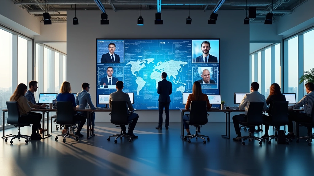 Modern open office with multiple professionals collaborating around a large interactive digital display showing real-time data visualizations and video conference participants on screen, natural lighting from windows, contemporary workspace design