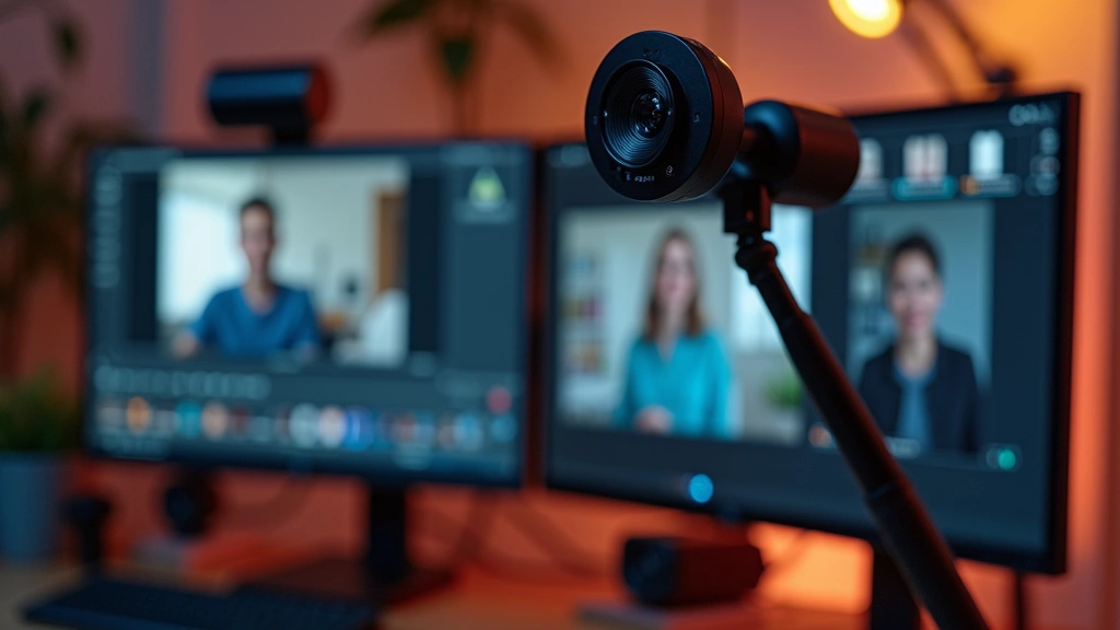 Close-up of professional video conferencing setup with high-quality webcam, directional microphone array, dual monitors displaying collaboration software, ergonomic desk setup with warm ambient lighting