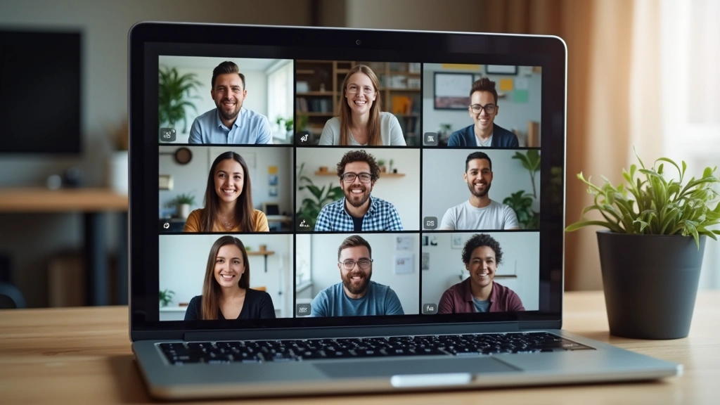 Diverse team of remote workers visible through video conference grid layout on modern laptop and desktop displays, showing engaged participants from different home and office environments, professional but relaxed atmosphere