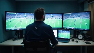 Professional football coach reviewing game film on digital screens in modern coaching facility with technology displays and analysis equipment