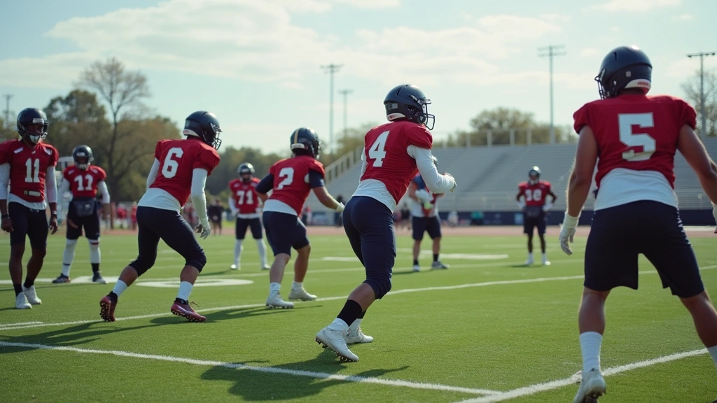 High school football field during practice with coaches instructing players during drills demonstrating fundamental football techniques and player development