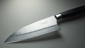 Professional chef knife with stainless steel blade and ergonomic handle, sharp edge detail visible, on neutral background with dramatic lighting