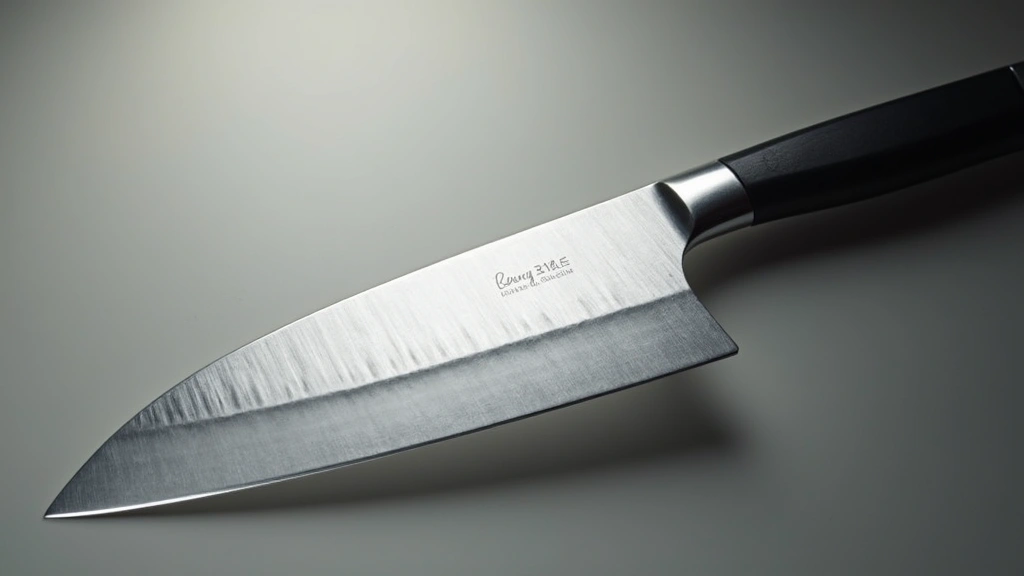 Professional chef knife with stainless steel blade and ergonomic handle, sharp edge detail visible, on neutral background with dramatic lighting
