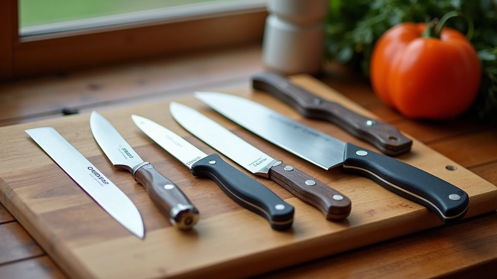 Multiple Cobra Tech knife models displayed on wooden cutting board surface, various blade shapes and sizes, natural kitchen lighting