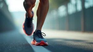 High-speed action shot of professional athlete's feet wearing advanced running shoes with visible cushioning technology and carbon fiber plate, dynamic motion blur background, photorealistic sports photography