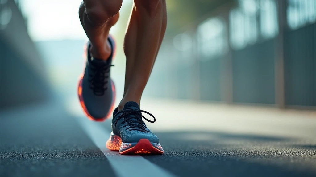 High-speed action shot of professional athlete's feet wearing advanced running shoes with visible cushioning technology and carbon fiber plate, dynamic motion blur background, photorealistic sports photography