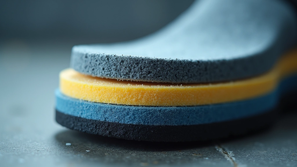 Close-up macro photography of shoe sole cross-section showing layered foam cushioning materials with distinct color differentiation, internal structure detail, professional product photography lighting
