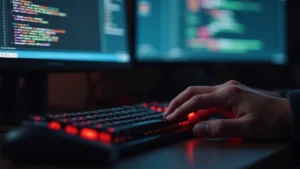 Close-up of programmer typing on mechanical keyboard with code visible on secondary monitor, hands in motion showing active development work