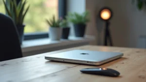 High-end portable computing device with aluminum chassis and minimalist design, displayed on modern desk workspace with peripherals, photorealistic professional photography, no text or logos visible