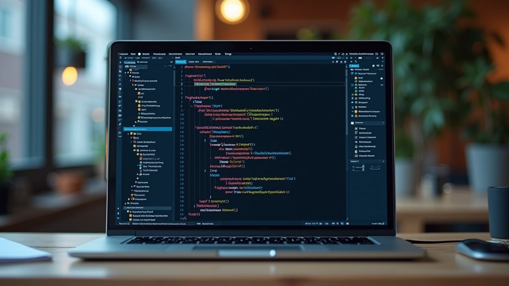 Laptop screen displaying colorful code editor interface with multiple programming language syntax highlighted, professional workspace background