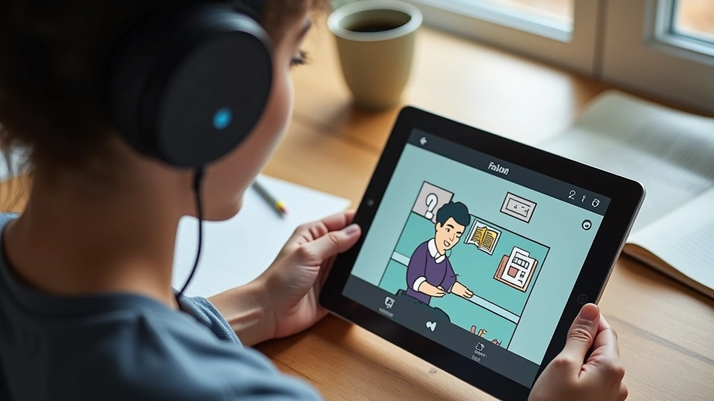 Person wearing headphones sitting at desk reviewing online learning platform on tablet with notebook and coffee nearby, focused studying environment