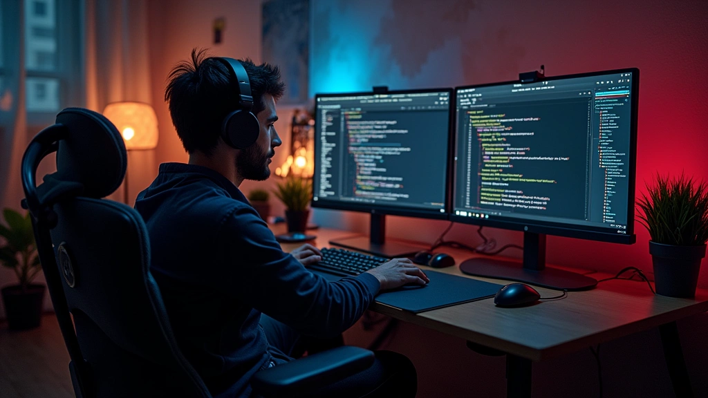Developer working at desk with Coddy Tech device displaying code editor, ergonomic setup with multiple peripherals, warm ambient lighting, focus on keyboard and input devices, no screen content visible