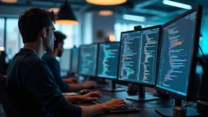 Software developers collaborating at computer workstations with multiple monitors displaying code and technical dashboards in a modern office environment