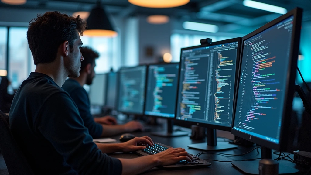 Software developers collaborating at computer workstations with multiple monitors displaying code and technical dashboards in a modern office environment