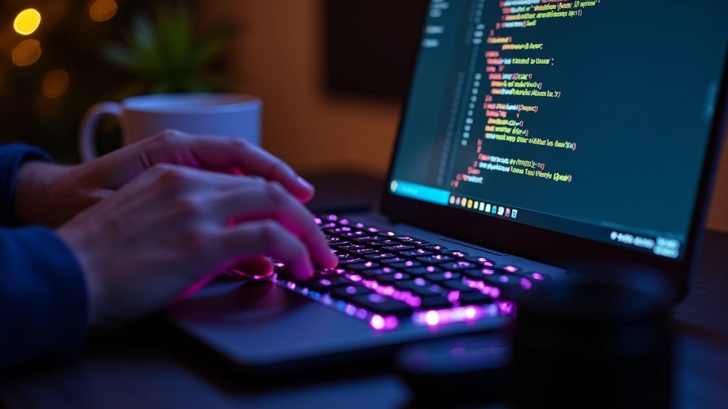 Close-up of hands typing on mechanical keyboard with glowing RGB backlighting, coffee cup nearby, laptop screen showing code editor with syntax highlighting