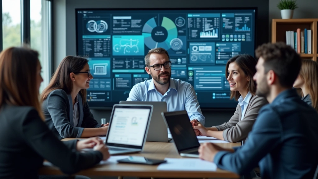 Team of diverse tech professionals in video conference meeting, looking engaged and discussing technical concepts with digital interface elements visible on screen