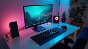 Professional tech workspace featuring multiple modern gadgets including laptop, mechanical keyboard, wireless mouse, and smartphone arranged on minimalist desk with ambient lighting
