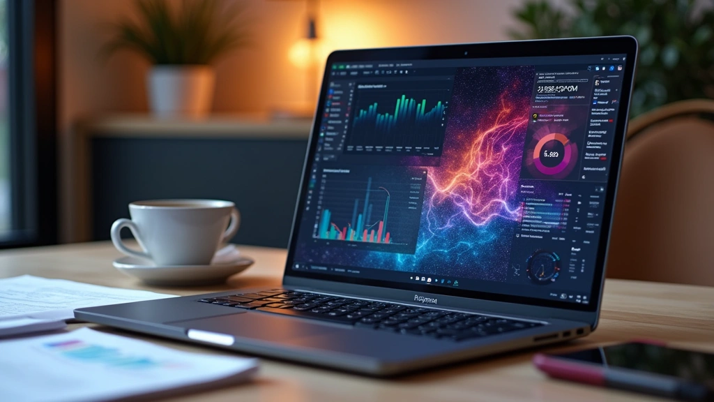 High-performance laptop displaying colorful data visualization on premium display screen during professional work session with papers and coffee nearby