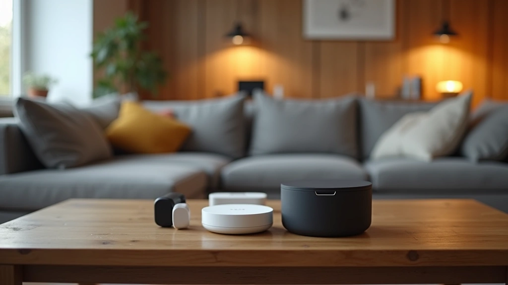 Modern smart home hub device with multiple connected IoT devices displayed on wooden table in contemporary living space with warm lighting