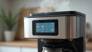 Close-up of a modern stainless steel smart coffee maker with digital display showing temperature and brew settings, minimalist kitchen background, no text or logos visible, steam rising from carafe, professional product photography