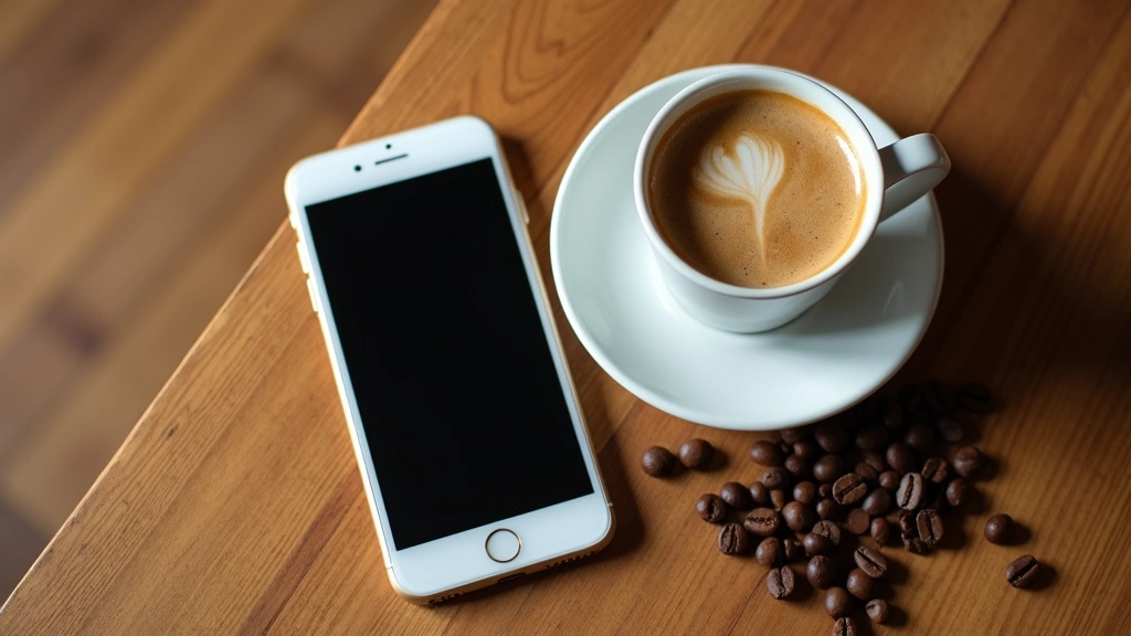 Overhead flat-lay composition of smartphone displaying coffee maker app interface next to a steaming ceramic coffee cup on wooden table, natural morning light, no UI text readable, coffee beans scattered artistically