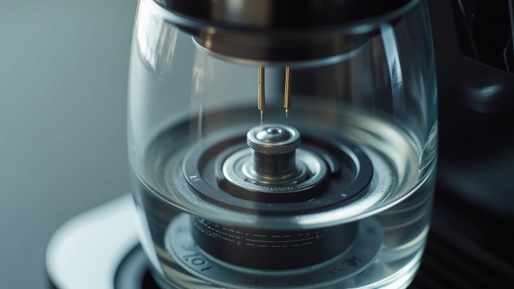 Detailed macro photograph of coffee maker's water sensor and temperature control components inside transparent glass chamber, showing the internal technology and precision engineering, no product packaging or branding visible