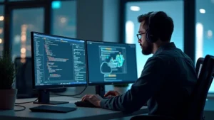 Professional software engineer sitting at modern desk with dual monitors displaying code and cloud architecture diagrams, wearing headphones, focused on keyboard in contemporary tech office