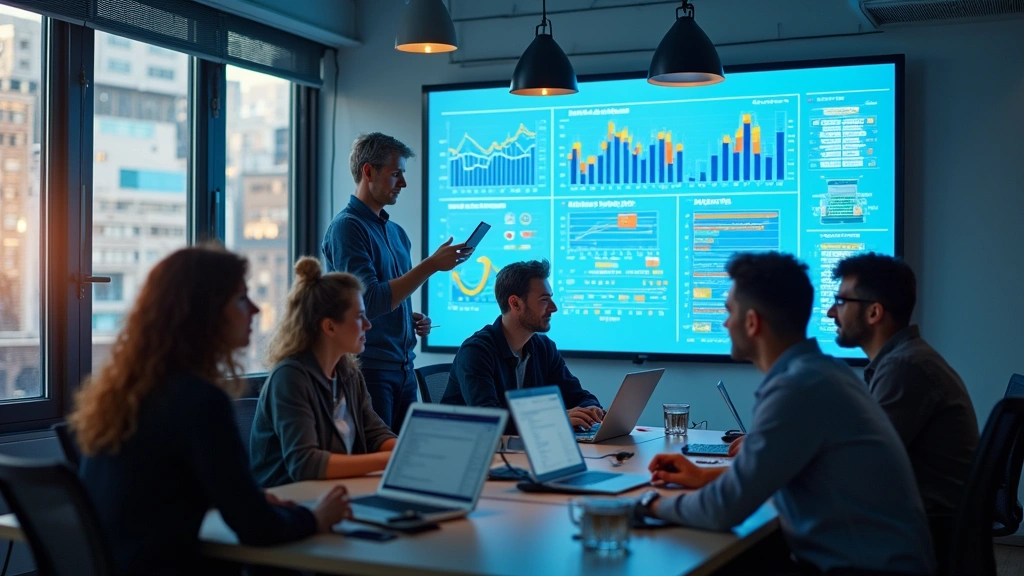 Diverse team of tech professionals collaborating around large display showing data analytics dashboards and system architecture, natural lighting from windows, modern workspace environment