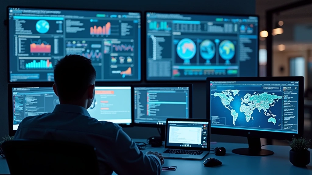 Cybersecurity professional monitoring security operations center with multiple screens showing network traffic, threat detection systems, and security alerts in modern tech command center