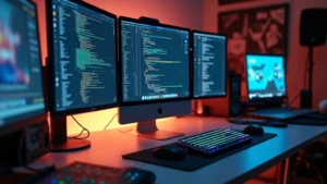 Professional engineering student workspace with MacBook Pro, external monitor, mechanical keyboard, and ergonomic mouse on clean desk, warm lighting, technical equipment visible