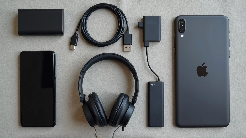 Flat lay of student tech essentials: power bank, USB-C cables, noise-cancelling headphones, external SSD, smartphone, and laptop charger arranged on textured surface