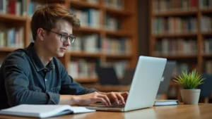 Student working on modern laptop at college library desk with textbooks and notebook, warm lighting, focused expression, shallow depth of field
