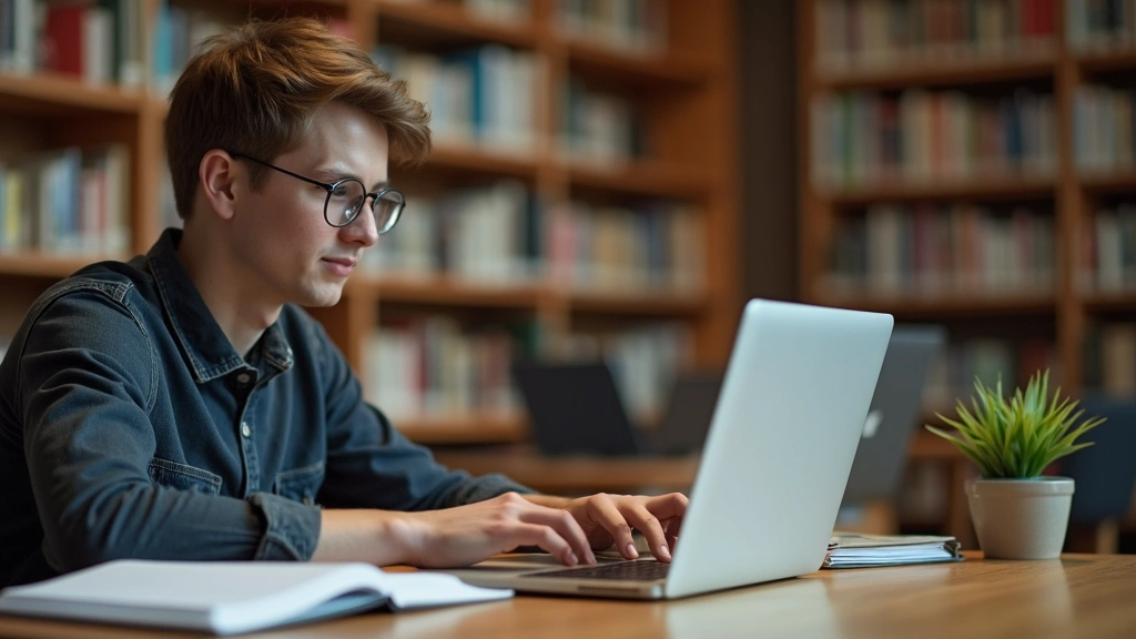 Student working on modern laptop at college library desk with textbooks and notebook, warm lighting, focused expression, shallow depth of field