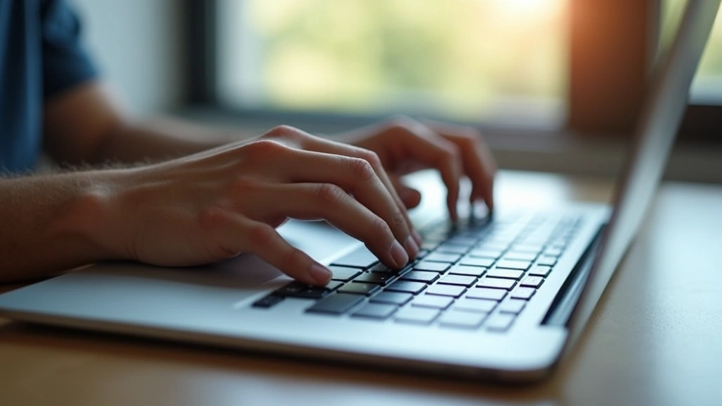 Close-up of laptop keyboard and trackpad with student typing assignment, natural daylight from window, hands visible, professional angle