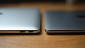 Close-up of a MacBook Air M3 and Dell XPS 13 laptops side by side on a wooden desk, showing their sleek aluminum designs, one silver and one metallic gray, professional lighting highlighting their thin profiles and premium build quality