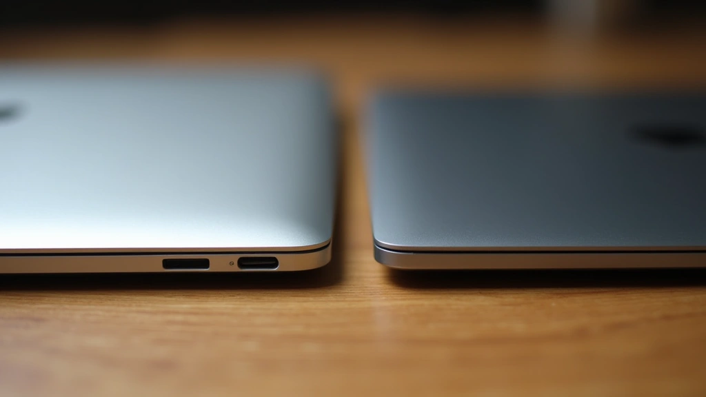 Close-up of a MacBook Air M3 and Dell XPS 13 laptops side by side on a wooden desk, showing their sleek aluminum designs, one silver and one metallic gray, professional lighting highlighting their thin profiles and premium build quality