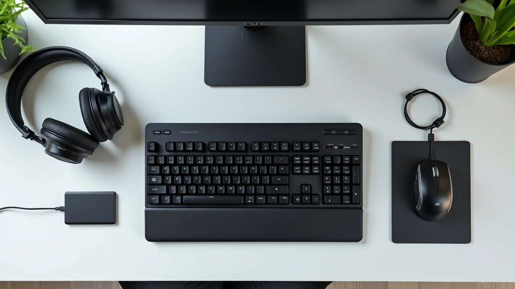 Overhead flat lay of a complete tech setup including wireless headphones, mechanical keyboard, external SSD, portable power bank, USB-C monitor cable, and gaming mouse arranged on a minimalist desk surface with soft natural lighting