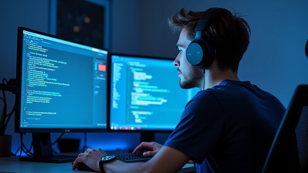 A student wearing Sony WH-1000XM5 headphones sitting at a desk with dual monitors displaying code and design software, backlit by blue monitor glow, showing real-world usage in an academic environment